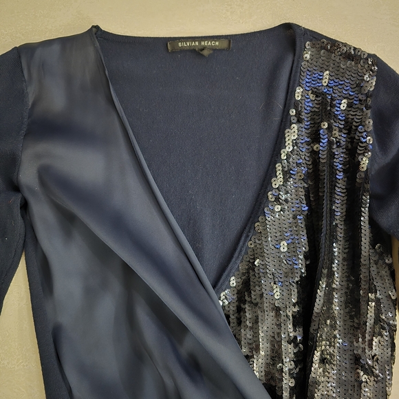 Silvian Heach Sequin and Satin Cardigan Sweater with Waist Tie - Blue - Small - Picture 2 of 4